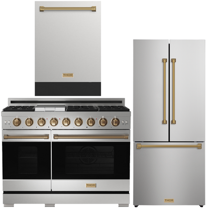Gordon Ramsay by THOR Kitchen Package - 48" Gas Range, 30" Refrigerator with Ice Maker and Dishwasher in Stainless Steel with Bronze Accents, AP-RSG48ELP-BRZ-1
