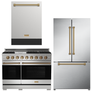 Gordon Ramsay by THOR Kitchen Package - 48" Gas Range, 36" Refrigerator with Ice Maker and Dishwasher in Stainless Steel with Bronze Accents, AP-RSG48ELP-BRZ-2