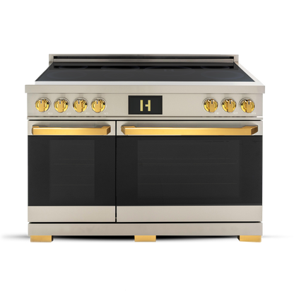 Induction Hardware Luxury Series Vega Edition 48-Inch 7.7 Cu. Ft. Double Oven Induction Range, Self-Cleaning, Stainless Steel with Gold Accents, S-IR48-SS-VEGA