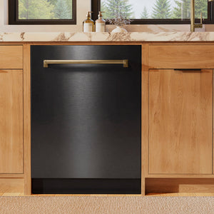 ZLINE Monument Autograph Edition 24-Inch Top Control Built-In Dishwasher, Black Stainless Steel Panel, Champagne Bronze Handle, 44 dBA, DWMTZ-BS-24-CB