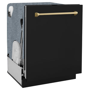 ZLINE Monument Autograph Edition 24-Inch Top Control Built-In Dishwasher, Black Matte Panel, Champagne Bronze Handle, 44 dBA, DWMTZ-BLM-24-CB
