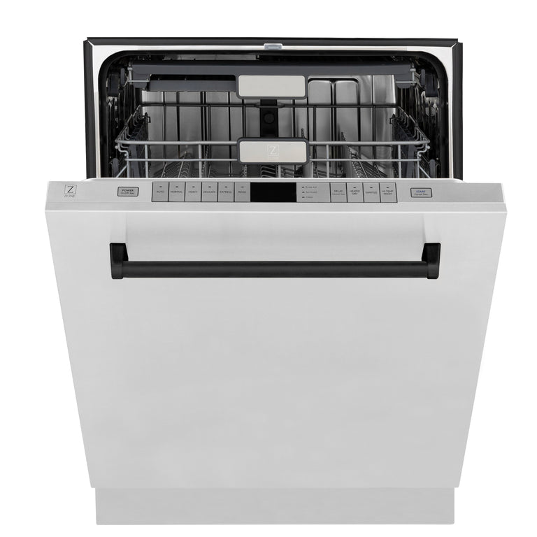 ZLINE Autograph Package - 48" Dual Fuel Range, Range Hood, Dishwasher, Refrigerator with Water & Ice Dispenser in Matte Black