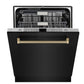 ZLINE Autograph 24" Monument Series 3rd Rack Top Touch Control Tall Tub Dishwasher in Black Stainless Steel with Champagne Bronze Helix Handle, 45dBa, DWMTZ-BS-24-KCB