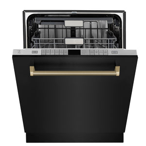 ZLINE Autograph 24" Monument Series 3rd Rack Top Touch Control Tall Tub Dishwasher in Black Stainless Steel with Champagne Bronze Helix Handle, 45dBa, DWMTZ-BS-24-KCB