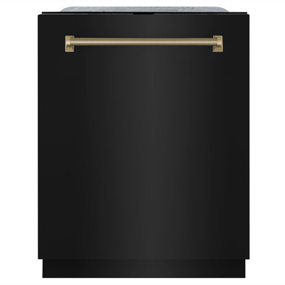 ZLINE Autograph 24" Monument Series 3rd Rack Top Touch Control Tall Tub Dishwasher in Black Stainless Steel with Champagne Bronze Helix Handle, 45dBa, DWMTZ-BS-24-KCB