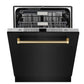 ZLINE Autograph 24" Monument Series 3rd Rack Top Touch Control Tall Tub Dishwasher in Black Stainless Steel with Polished Gold Helix Handle, 45dBa, DWMTZ-BS-24-KG