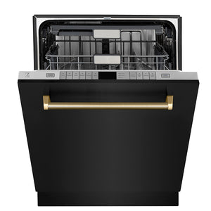 ZLINE Autograph 24" Monument Series 3rd Rack Top Touch Control Tall Tub Dishwasher in Black Stainless Steel with Polished Gold Helix Handle, 45dBa, DWMTZ-BS-24-KG