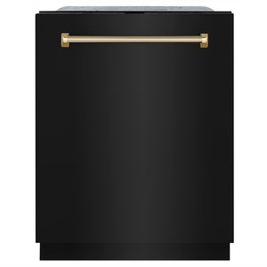 ZLINE Autograph 24" Monument Series 3rd Rack Top Touch Control Tall Tub Dishwasher in Black Stainless Steel with Polished Gold Helix Handle, 45dBa, DWMTZ-BS-24-KG