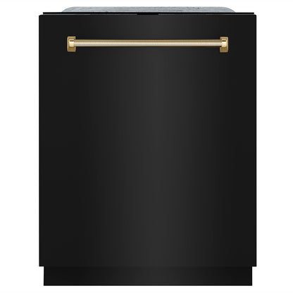 ZLINE Autograph 24" Monument Series 3rd Rack Top Touch Control Tall Tub Dishwasher in Black Stainless Steel with Polished Gold Helix Handle, 45dBa, DWMTZ-BS-24-KG
