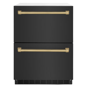 ZLINE Autograph Edition 24" Touchstone 168 Can Outdoor-Rated Dual Refrigerator Drawer with Black Stainless Steel Doors and Champagne Bronze Handles, RDSOZ-BS-24-CB