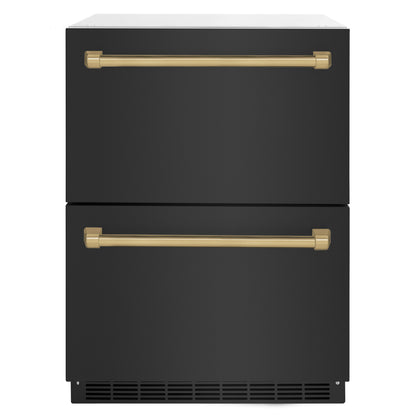 ZLINE Autograph Edition 24" Touchstone 168 Can Outdoor-Rated Dual Refrigerator Drawer with Black Stainless Steel Doors and Champagne Bronze Handles, RDSOZ-BS-24-CB