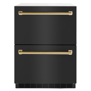 ZLINE Autograph Edition 24" Touchstone 168 Can Outdoor-Rated Dual Refrigerator Drawer with Black Stainless Steel Doors and Polished Gold Handles, RDSOZ-BS-24-G