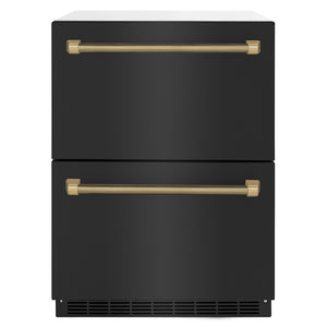 ZLINE Autograph 24" Touchstone 168 Can Outdoor-Rated Dual Refrigerator Drawer with Black Stainless Steel Doors and Champagne Bronze Helix Handles, RDSOZ-BS-24-KCB