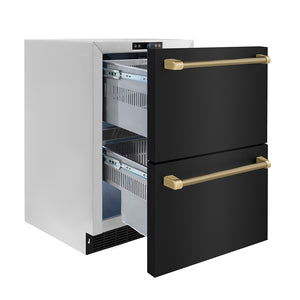 ZLINE Autograph 24" Touchstone 168 Can Outdoor-Rated Dual Refrigerator Drawer with Black Stainless Steel Doors and Champagne Bronze Helix Handles, RDSOZ-BS-24-KCB