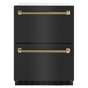 ZLINE Autograph 24" Touchstone 168 Can Outdoor-Rated Dual Refrigerator Drawer with Black Stainless Steel Doors and Polished Gold Helix Handles, RDSOZ-BS-24-KG