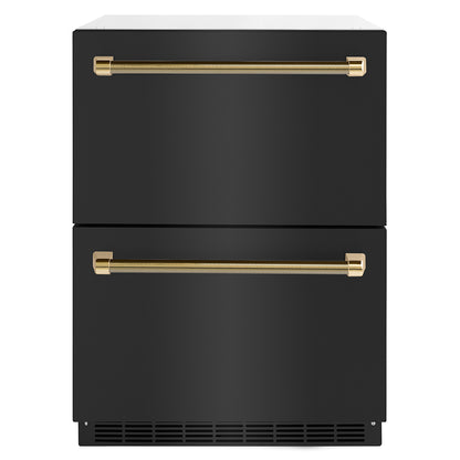 ZLINE Autograph 24" Touchstone 168 Can Outdoor-Rated Dual Refrigerator Drawer with Black Stainless Steel Doors and Polished Gold Helix Handles, RDSOZ-BS-24-KG