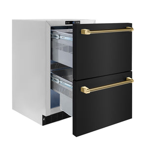 ZLINE Autograph 24" Touchstone 168 Can Outdoor-Rated Dual Refrigerator Drawer with Black Stainless Steel Doors and Polished Gold Helix Handles, RDSOZ-BS-24-KG
