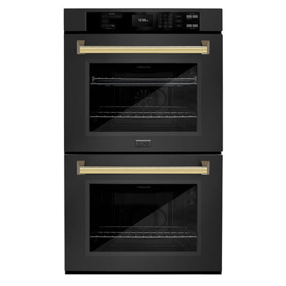 ZLINE 30" Autograph Double Wall Oven with Air Fry and Self-Clean in Black and Gold Handle, WADBZ-30-G