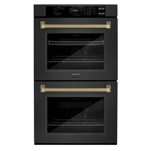 ZLINE Autograph 30" Professional True Convection Double Wall Oven with Air Fry and Self Clean in Black Stainless Steel with Champagne Bronze Helix Handles, WADBZ-30-KCB