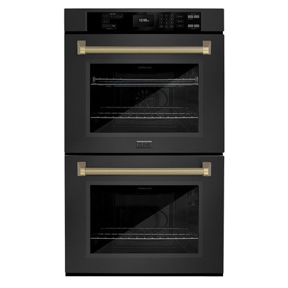 ZLINE Autograph 30" Professional True Convection Double Wall Oven with Air Fry and Self Clean in Black Stainless Steel with Champagne Bronze Helix Handles, WADBZ-30-KCB