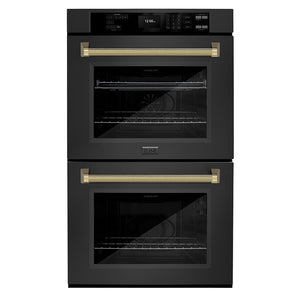 ZLINE Autograph 30" Professional True Convection Double Wall Oven with Air Fry and Self Clean in Black Stainless Steel with Polished Gold Helix Handles, WADBZ-30-KG