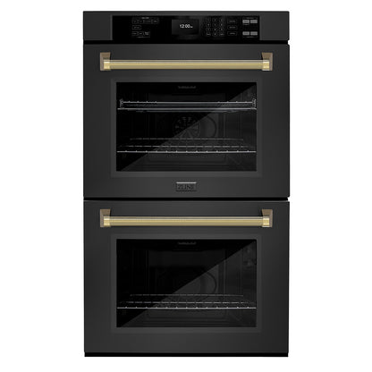 ZLINE Autograph 30" Professional True Convection Double Wall Oven with Air Fry and Self Clean in Black Stainless Steel with Polished Gold Helix Handles, WADBZ-30-KG