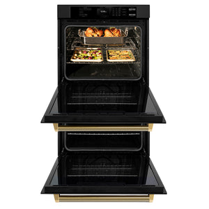 ZLINE Autograph 30" Professional True Convection Double Wall Oven with Air Fry and Self Clean in Black Stainless Steel with Polished Gold Helix Handles, WADBZ-30-KG