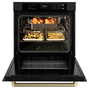 ZLINE Autograph 30" Professional True Convection Single Wall Oven with Air Fry and Self Clean in Black Stainless Steel with Champagne Bronze Helix Handle, WASBZ-30-KCB