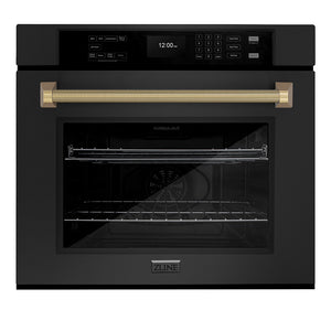 ZLINE Autograph 30" Professional True Convection Single Wall Oven with Air Fry and Self Clean in Black Stainless Steel with Champagne Bronze Helix Handle, WASBZ-30-KCB