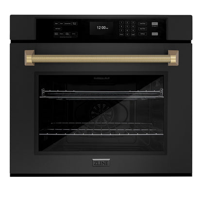 ZLINE Autograph 30" Professional True Convection Single Wall Oven with Air Fry and Self Clean in Black Stainless Steel with Champagne Bronze Helix Handle, WASBZ-30-KCB
