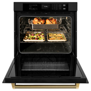 ZLINE Autograph 30" Professional True Convection Single Wall Oven with Air Fry and Self Clean in Black Stainless Steel with Polished Gold Helix Handle, WASBZ-30-KG