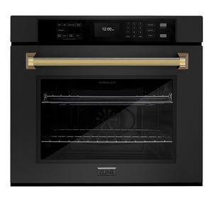 ZLINE Autograph 30" Professional True Convection Single Wall Oven with Air Fry and Self Clean in Black Stainless Steel with Polished Gold Helix Handle, WASBZ-30-KG