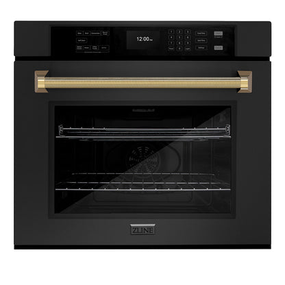 ZLINE Autograph 30" Professional True Convection Single Wall Oven with Air Fry and Self Clean in Black Stainless Steel with Polished Gold Helix Handle, WASBZ-30-KG