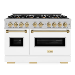 ZLINE Autograph 48" 6.7 cu. ft. Classic Double Oven Dual Fuel Range with 8 Burners in DuraSnow® Stainless Steel with White Matte Doors and Champagne Bronze Accents, CDRSZ-WM-48-CB