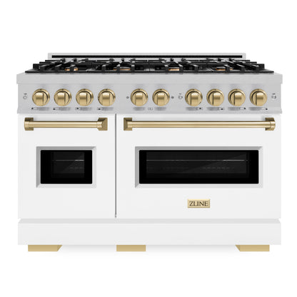 ZLINE Autograph 48" 6.7 cu. ft. Classic Double Oven Dual Fuel Range with 8 Burners in DuraSnow® Stainless Steel with White Matte Doors and Champagne Bronze Accents, CDRSZ-WM-48-CB