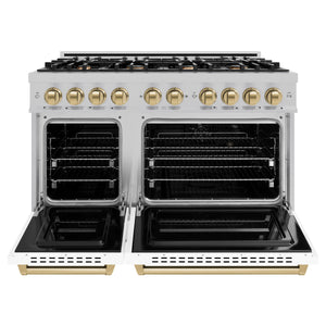 ZLINE Autograph 48" 6.7 cu. ft. Classic Double Oven Dual Fuel Range with 8 Burners in DuraSnow® Stainless Steel with White Matte Doors and Champagne Bronze Accents, CDRSZ-WM-48-CB
