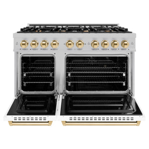 ZLINE Autograph 48" 6.7 cu. ft. Classic Double Oven Dual Fuel Range with 8 Burners in DuraSnow® Stainless Steel with White Matte Doors and Polished Gold Accents, CDRSZ-WM-48-G