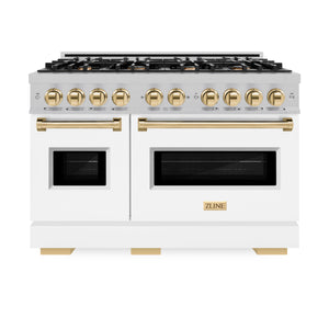 ZLINE Autograph 48" 6.7 cu. ft. Classic Double Oven Dual Fuel Range with 8 Burners in DuraSnow® Stainless Steel with White Matte Doors and Polished Gold Accents, CDRSZ-WM-48-G