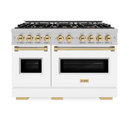 ZLINE Autograph 48" 6.7 cu. ft. Classic Double Oven Dual Fuel Range with 8 Burners in DuraSnow® Stainless Steel with White Matte Doors and Polished Gold Accents, CDRSZ-WM-48-G