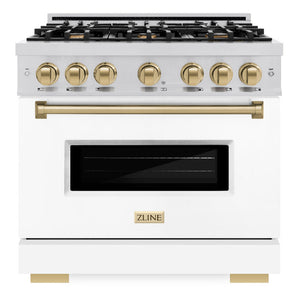ZLINE Autograph 36" 5.2 cu. ft. Classic Dual Fuel Range with 6 Burners in Stainless Steel with White Matte Door and Champagne Bronze Accents, CDRZ-WM-36-CB