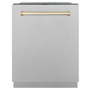 ZLINE Autograph Edition 24 in. Tall Dishwasher, Touch Control in DuraSnow® Stainless Steel with Gold Handle, DWMTZ-SN-24-G
