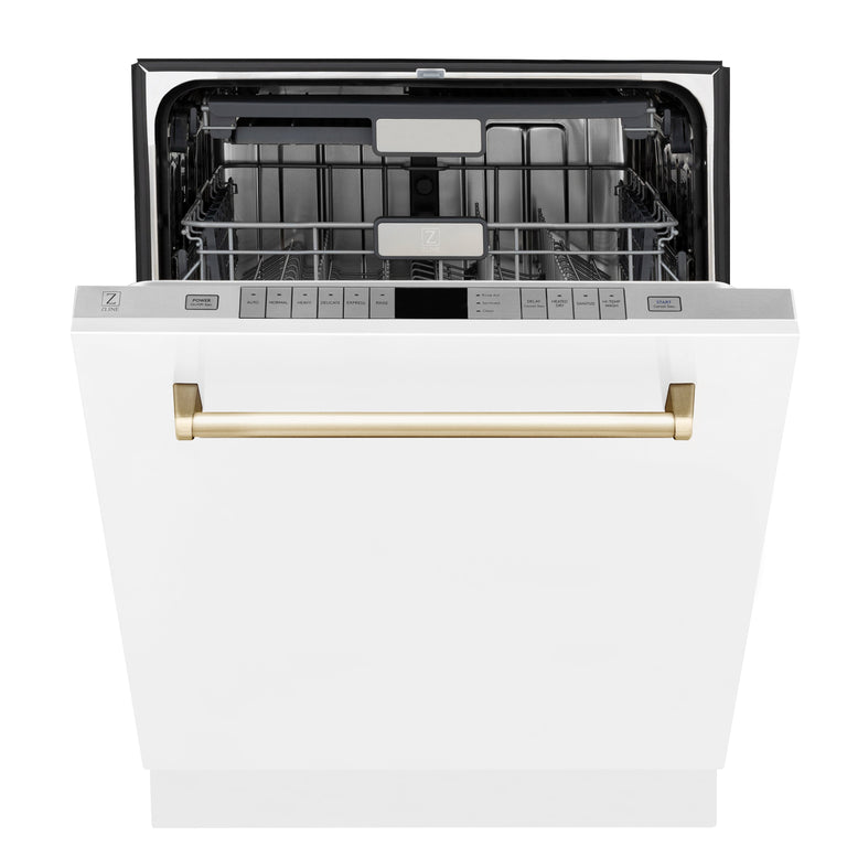 ZLINE Autograph Edition 24 inch Tall Dishwasher, Touch Control, in White Matte with Gold Handle, DWMTZ-WM-24-G