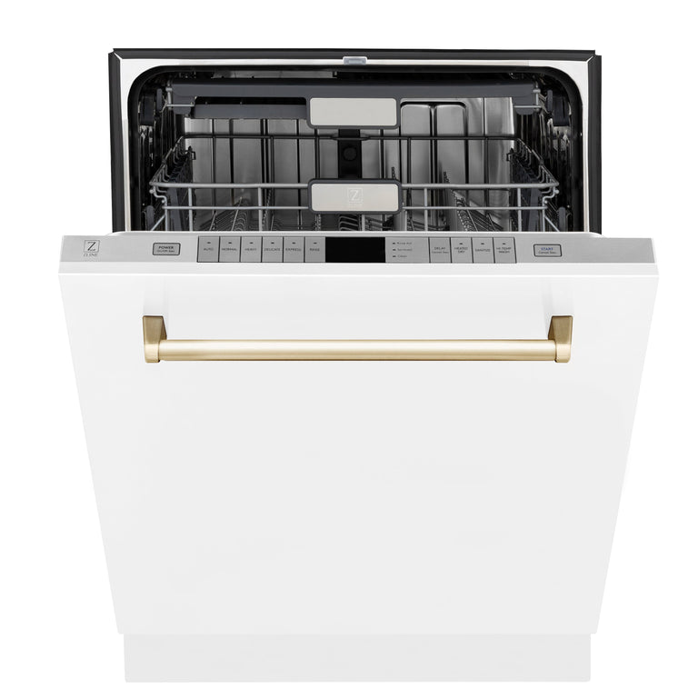 ZLINE Kitchen and Bath Autograph Package - 36 In. Dual Fuel Range, Range Hood, Dishwasher in White Matte with Gold Accents, 3AKP-RAWMRHDWM36-G