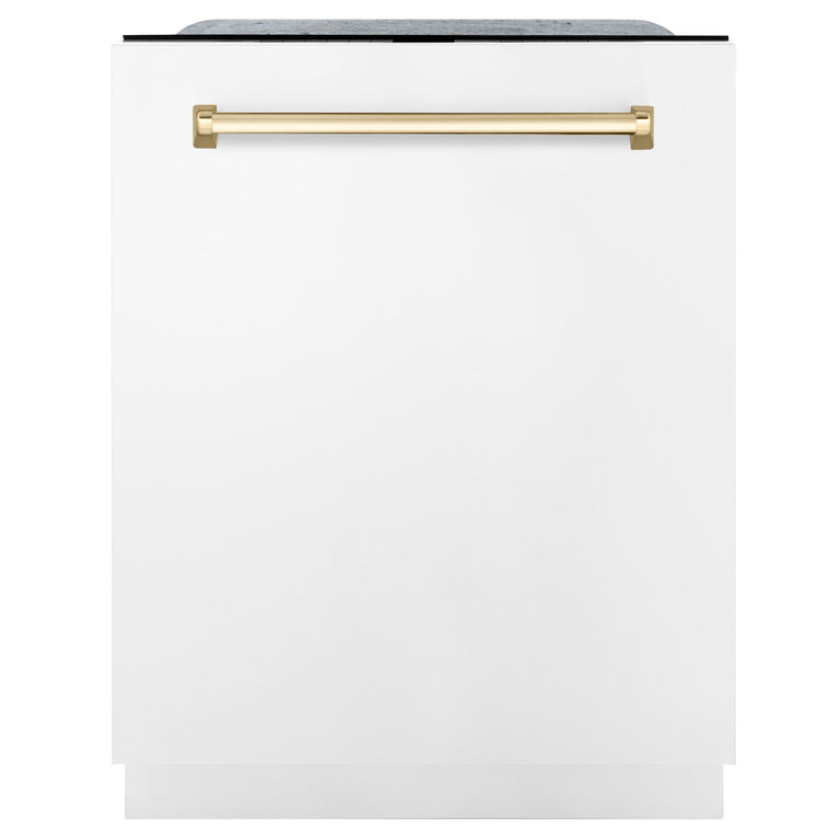 ZLINE Autograph Edition 24 inch Tall Dishwasher, Touch Control, in White Matte with Gold Handle, DWMTZ-WM-24-G