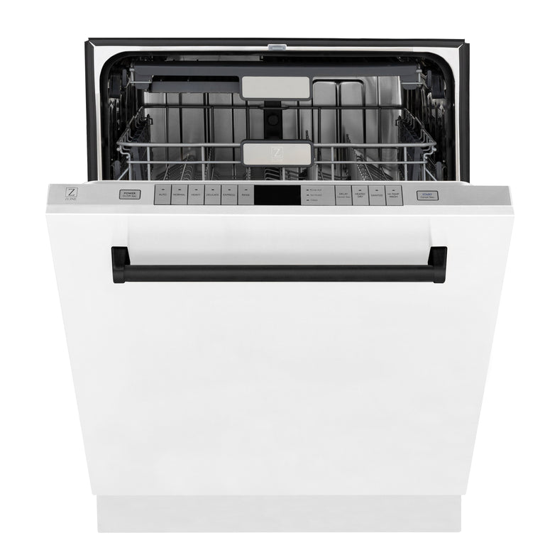 ZLINE Kitchen and Bath Autograph Package - 36 In. Dual Fuel Range, Range Hood, Dishwasher in White Matte with Matte Black Accents, 3AKP-RAWMRHDWM36-MB