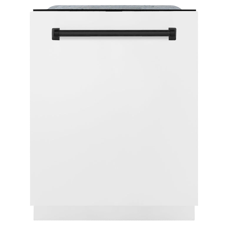 ZLINE Kitchen and Bath Autograph Package - 36 In. Dual Fuel Range, Range Hood, Dishwasher in White Matte with Matte Black Accents, 3AKP-RAWMRHDWM36-MB