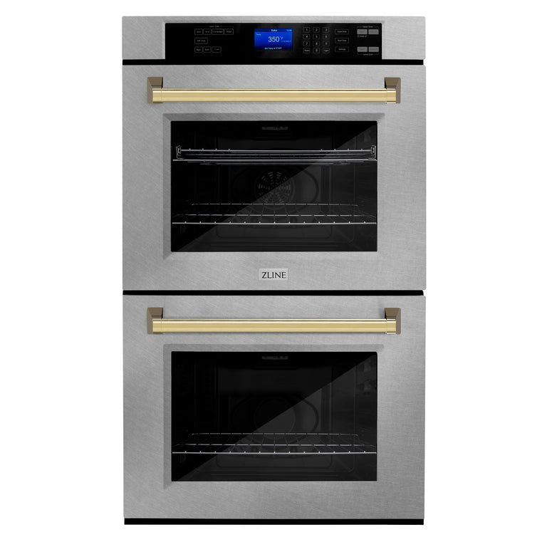 ZLINE 30 In. Autograph Edition Double Wall Oven with Self Clean and True Convection in DuraSnow® Stainless Steel and Gold, AWDSZ-30-G