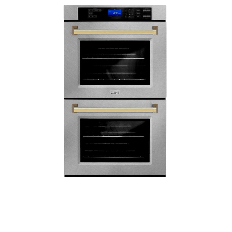 ZLINE 30 In. Autograph Edition Double Wall Oven with Self Clean and True Convection in DuraSnow® Stainless Steel and Gold, AWDSZ-30-G