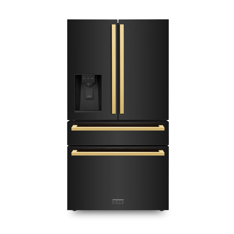 ZLINE 36" Autograph Refrigerator with Water and Ice Dispenser in Black with Gold Square Handles, RFMZ-W-36-BS-FG
