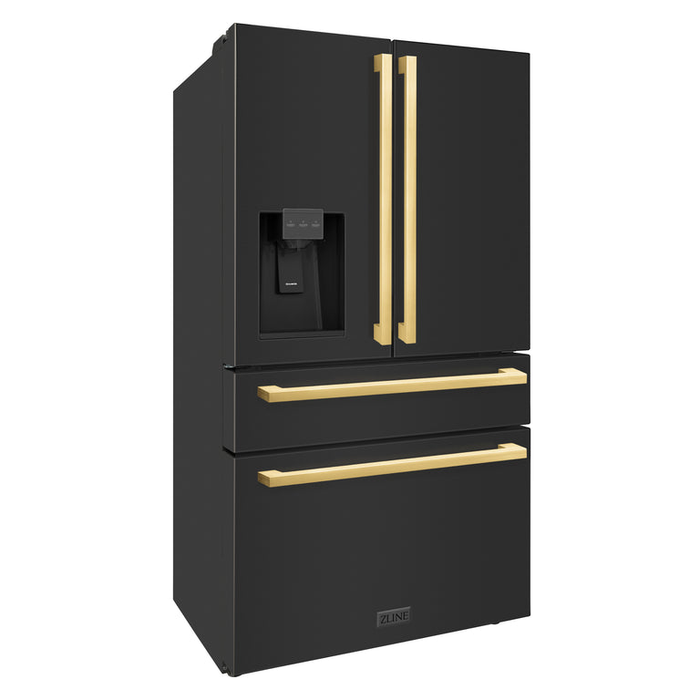 ZLINE 36" Autograph Refrigerator with Water and Ice Dispenser in Black with Gold Square Handles, RFMZ-W-36-BS-FG